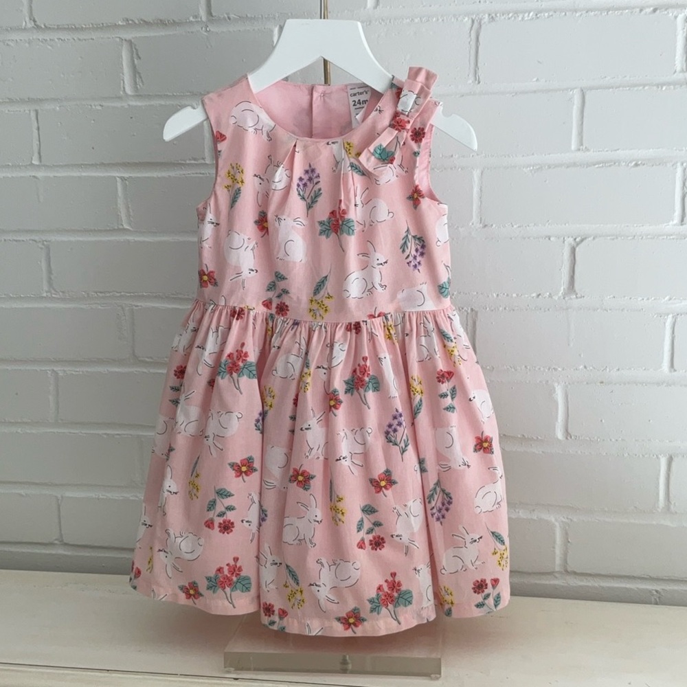 Girls Size 24 Months Classic Carters Floral Pink Easter Bunny Dress